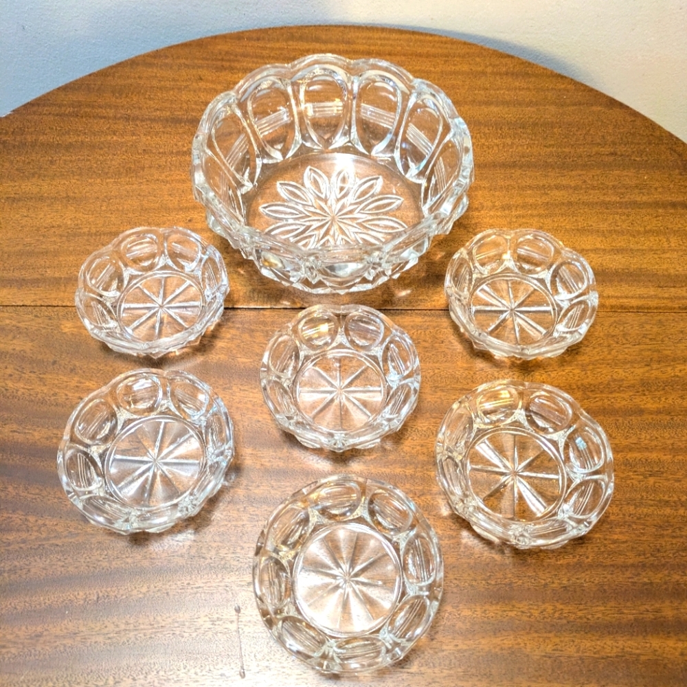 Antique EAPG US Glass Co. Pressed Crystal Cut Glass Berry Serving Bowl & Dishes.